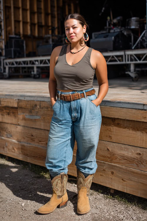A plus-size woman in cropped jeans with raw hems, a sleeveless peasant top, and tan cowboy boots, accessorized with a leather belt and beaded earrings