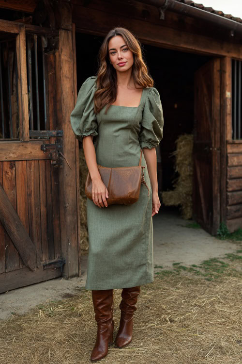 A woman wears a moss green midi dress with puff sleeves and a square neckline, styled with brown boots and a leather crossbody bag