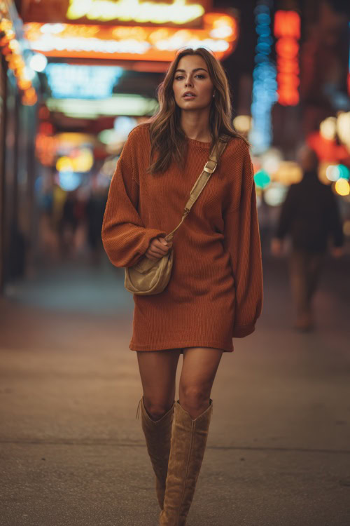 A woman in a rust-colored sweater dress with knee-high boots and a crossbody bag