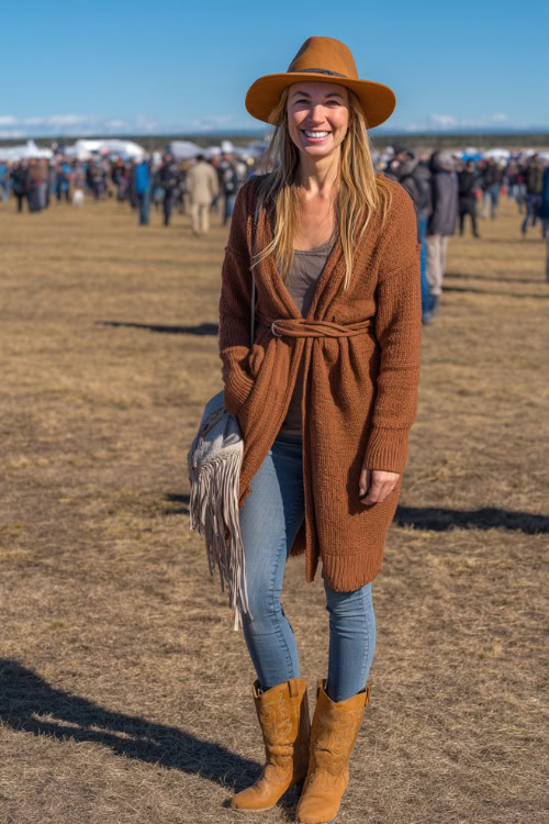 A woman over 30 wears a belted long cardigan over jeans, suede ankle cowboy boots, and a felt hat, holding a fringed bag in a chilly open-air concert field