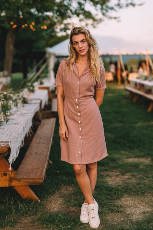 A woman in a dusty rose linen blend dress with a button-down front and white sneakers, standing beside picnic-style seating at a casual summer wedding