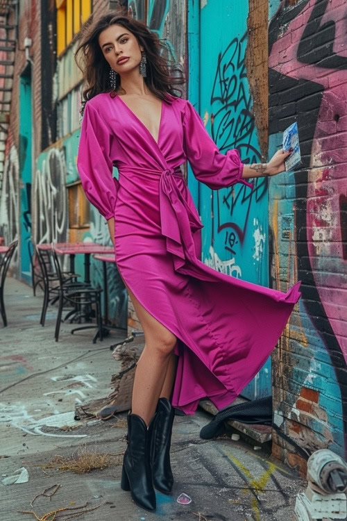 A woman wears black cowboy boots with a pink wrap dress