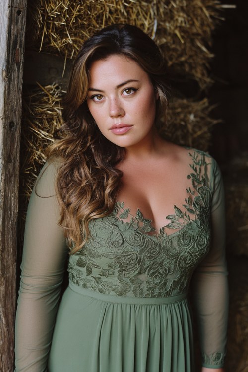 A plus size woman wears a long-sleeve gown with sheer lace panels and an embroidered neckline in olive green