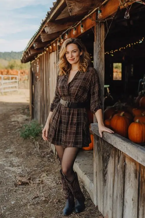 A woman over 40 wears brown cowboy boots, a plaid mini dress, and opaque black tights