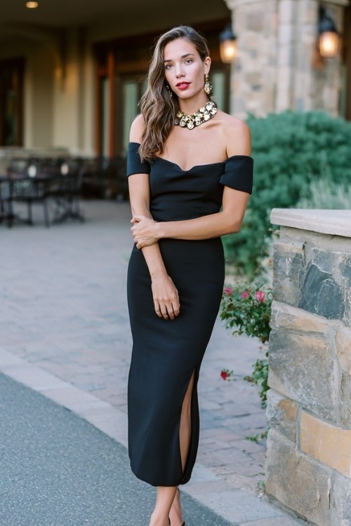 A woman wears a classic black off-shoulder gown with a fitted silhouette