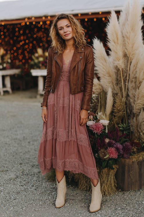 A woman in a dusty rose boho midi dress with lace panels, styled with bone suede cowboy boots and a cropped faux leather jacket