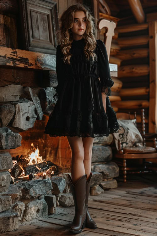 A woman wears black cowboy boots with a black ruffle baby doll dress