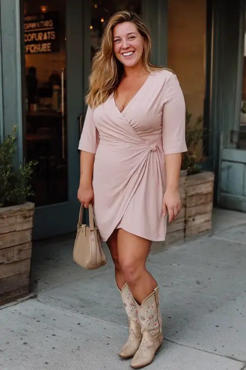 A plus-size woman wears a blush pink wrap dress with embroidered cowboy boots and a structured handbag