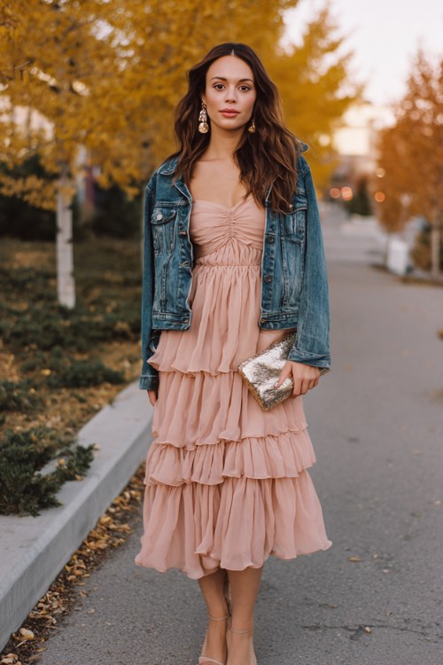 A woman wears a blush pink chiffon tea-length dress with layered ruffles, accessorized with a cropped jean jacket and a metallic clutch