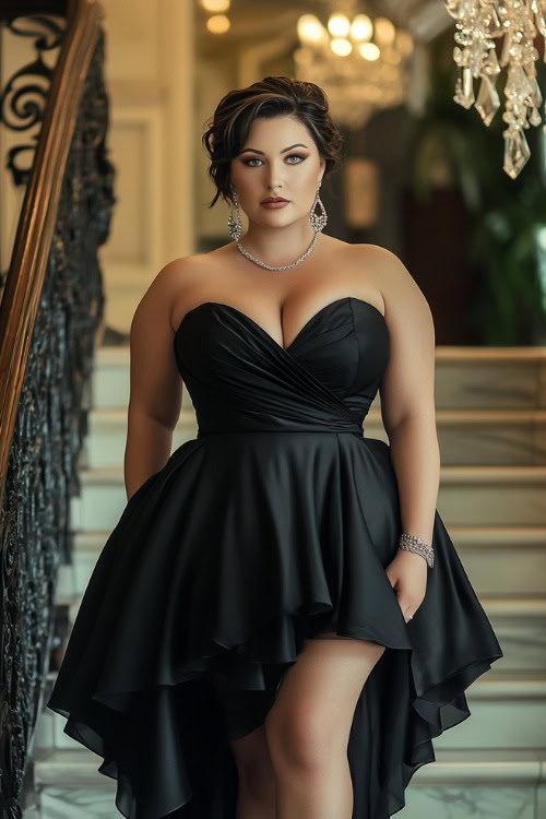 A plus-size woman wears black satin dress