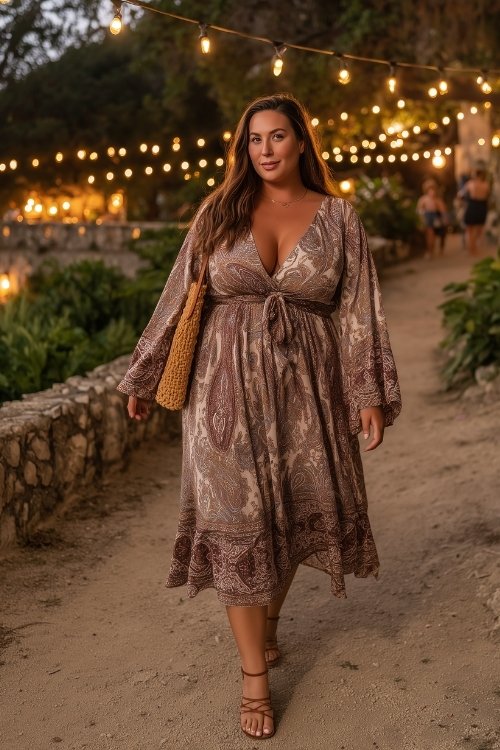 A curvy woman wears a chocolate and cream paisley midi dress with a flowy hem and soft bell sleeves