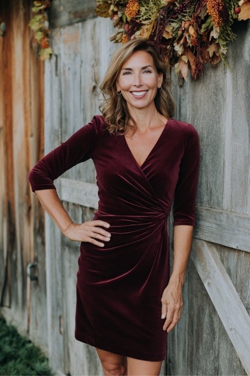 a woman over 50 in a burgundy velvet cocktail dress with three-quarter sleeves