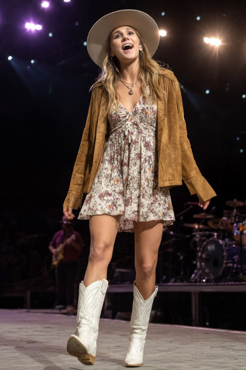 A woman wears a floral embroidered boho dress with a suede jacket