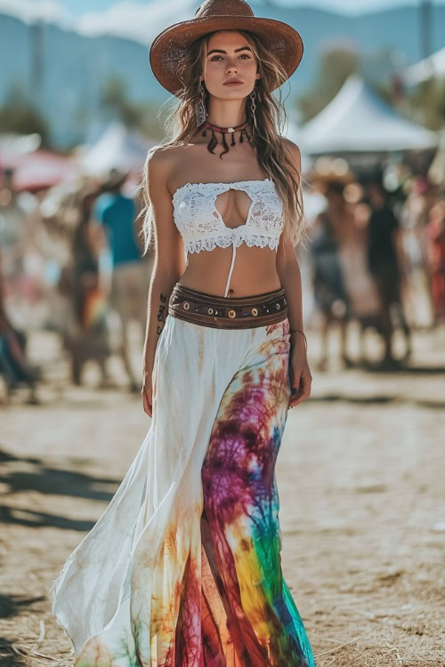 A bohemian festival-goer in a white lace-up corset top with a flowy tie-dye maxi skirt, accessorized with cowboy boots and a floppy hat