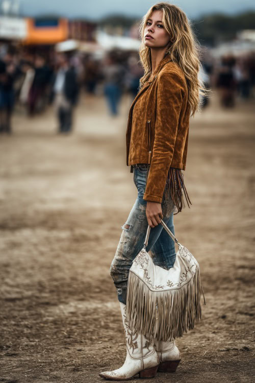 A woman wears distressed denim jeans with a suede jacket and white embroidered boots