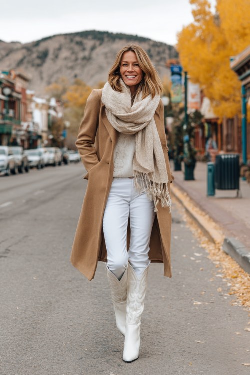 A woman over 40 wears tall white cowboy boots with a long camel coat, white jeans