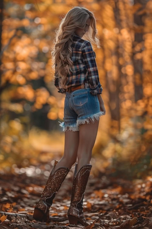 a woman wears a plaid shirt, fray hem shorts and sparkly cowboy boots