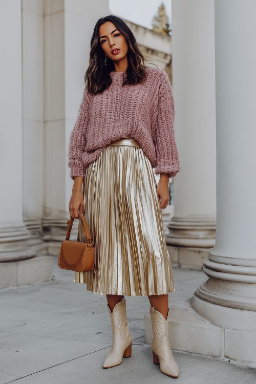 A woman wearing a dusty rose sweater with a gold metallic pleated midi skirt and beige cowboy boots