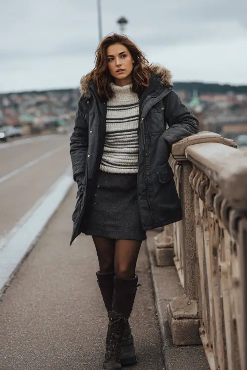 Woman in a parka jacket, striped sweater, wool skirt, tights, and knee-high boots, standing on a city bridge in chilly weather