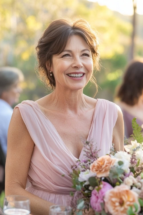 A woman over 50 wears a pink wedding guest dress with a V neckline