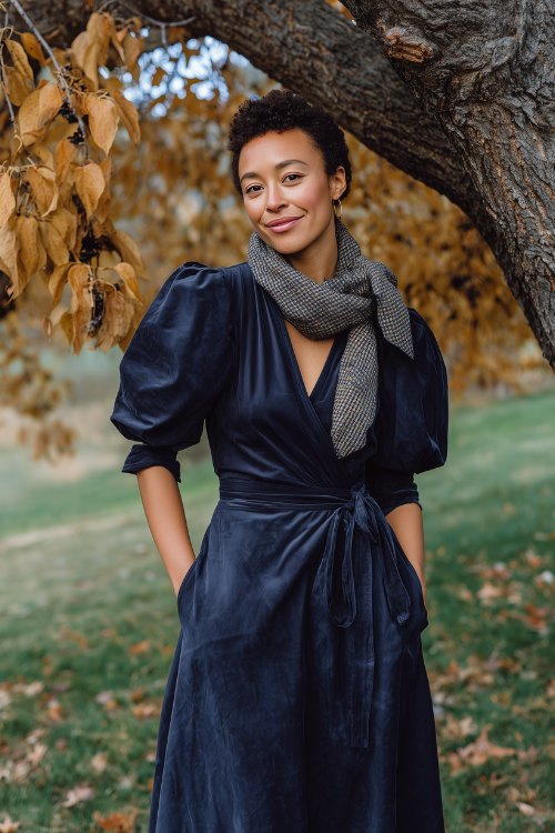 A woman in a navy wrap midi dress with puff sleeves and velvet texture, styled with a light plaid scarf