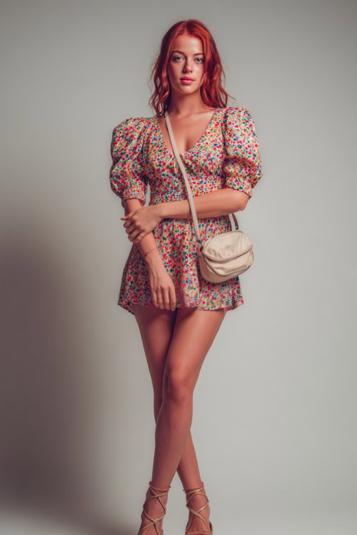 A mid-size woman wearing a puff-sleeve floral mini dress with platform heels and a crossbody bag, styled for a cute and confident summer night out