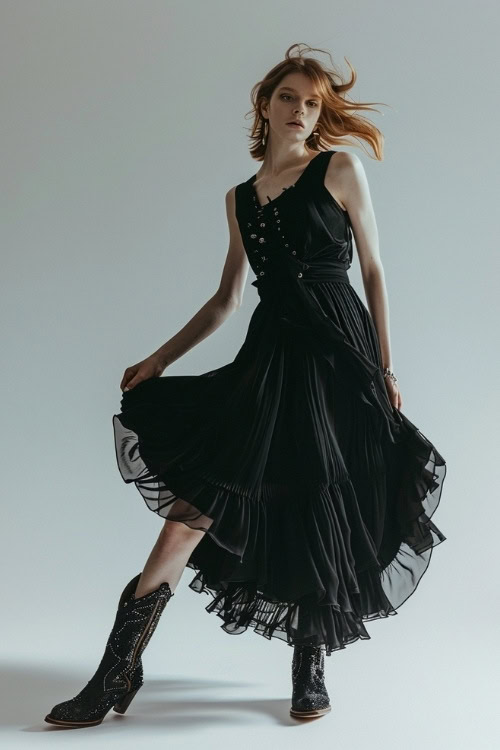 a woman wears sparkly cowboy boots with a black dress