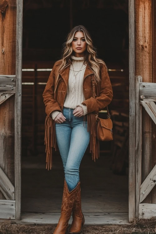 A stylish woman in a suede fringe jacket, a ribbed knit sweater, bootcut jeans, and brown western boots