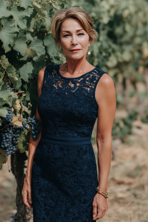A woman over 50 wearing a navy blue knee-length sheath dress with lace overlay and pearl drop earrings, standing near a vineyard wedding setup
