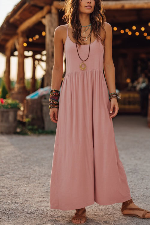 A woman wearing a sleeveless maxi dress in soft pink, paired with tan strappy sandals and simple layered necklaces, standing near a rustic concert space with string lights and wooden deÃÂcor
