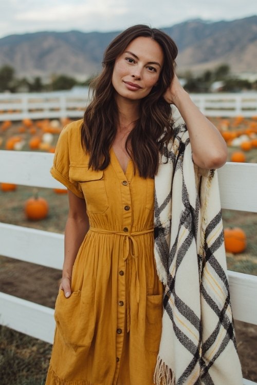 A woman in a mustard yellow prairie-style maxi dress with a button-down front and smocked waist
