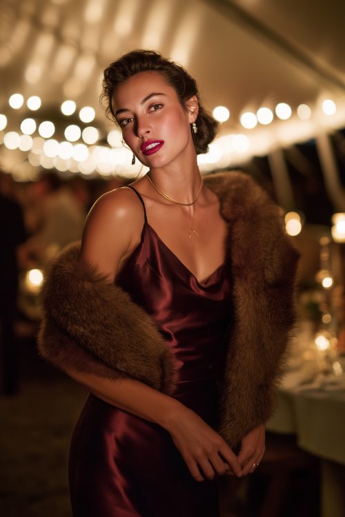 A woman in a deep wine-colored satin slip dress with a fur shawl