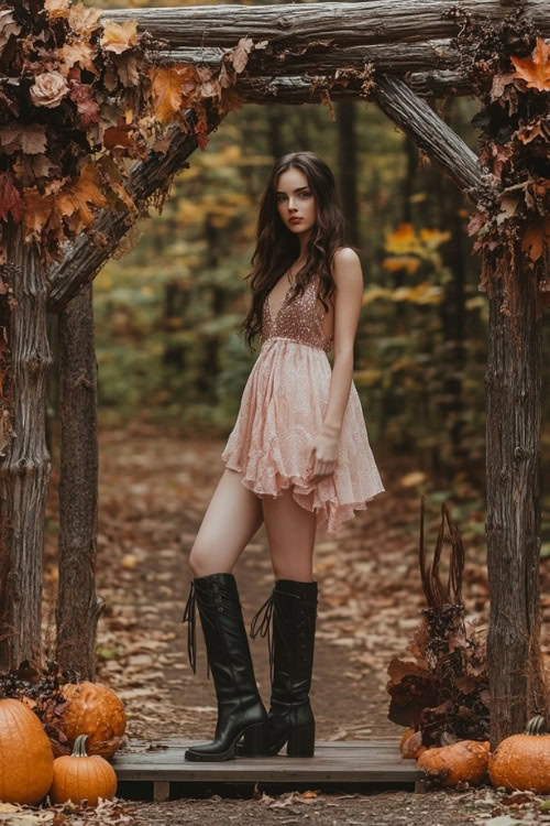 a woman wears a pink mini wedding guest dress and tall black boots