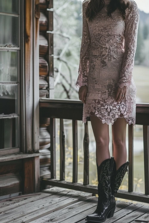 A woman wears black cowboy boots with a pink lace dress