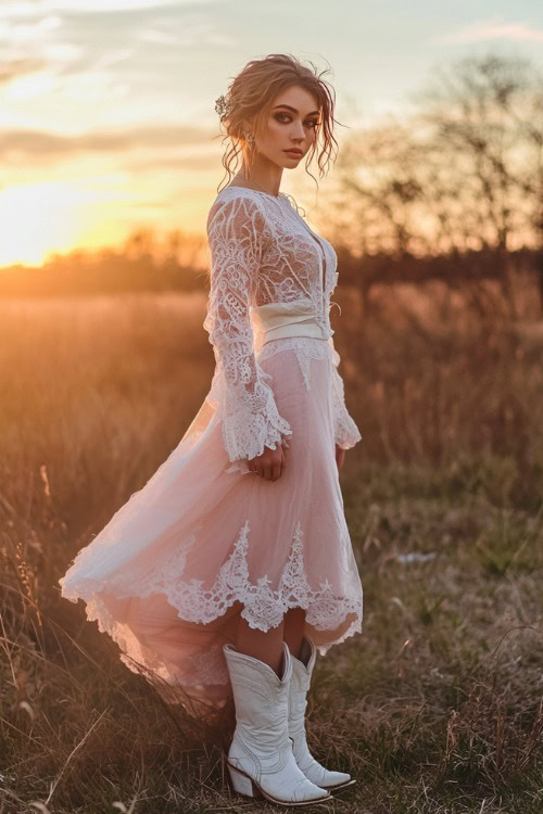 A bride wears a soft pink wedding dress with delicate lace sleeves and white cowboy boots, standing in an open field at sunset during a Western wedding
