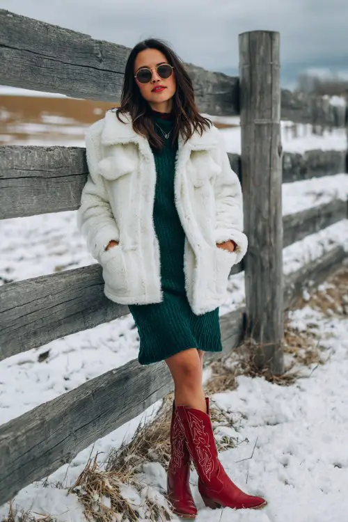 A woman over 30 wears a white faux-fur jacket over a green knit dress with red cowboy boots