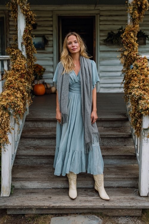 a woman in a dusty blue chiffon maxi dress with flutter sleeves and a pleated skirt, paired with cream cowboy boots and a soft gray wool shawl
