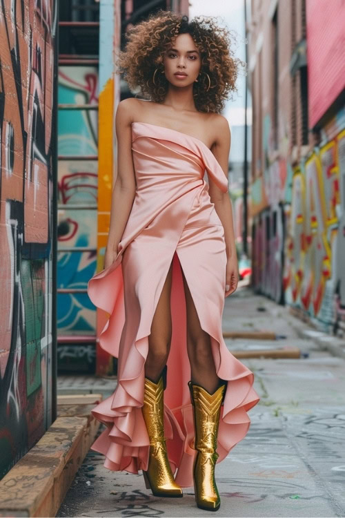 A woman wears gold cowboy boots with a wrap pink dress