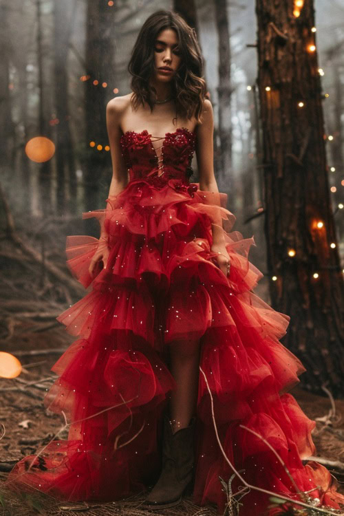 A woman wears cowboy boots with a flowy ruffle red dress