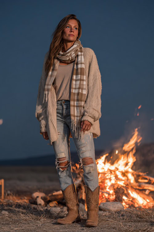A woman wears light wash ripped jeans with a cozy oversized cardigan, styled with cowboy boots and a plaid scarf, standing by a bonfire at a country concert under fall night skies