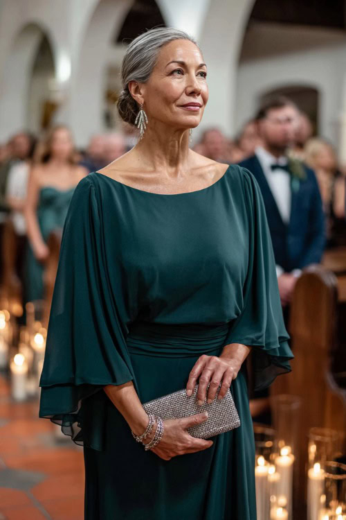 A woman over 50 wearing a dark green structured gown with flutter sleeves and a crystal clutch, standing near a candlelit aisle at an indoor summer wedding ceremony