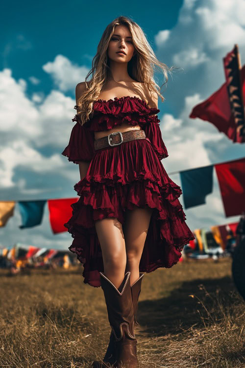 A free-spirited woman in a deep red off-the-shoulder peasant dress with tiered layers, paired with knee-high cowboy boots and a vintage leather belt, posing near festival flags
