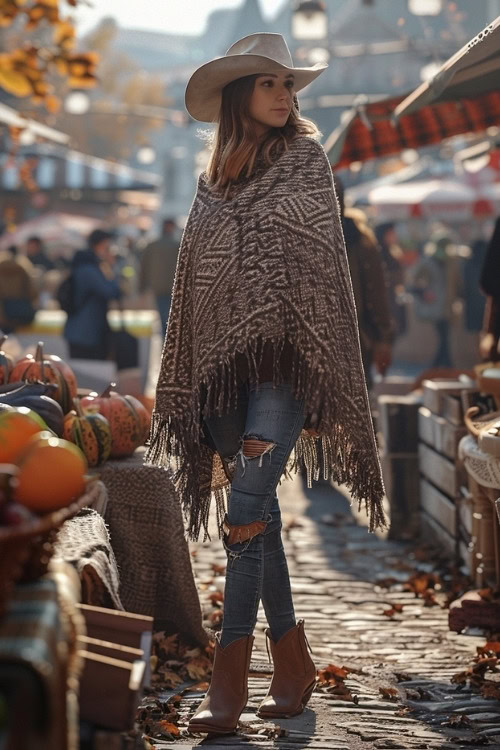 a woman wears a fringe poncho, ripped jeans and brown ankle cowboy boots