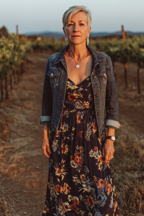 A full body image of woman over 50 wears a navy floral maxi dress with an empire waist, styled with a dark denim jacket