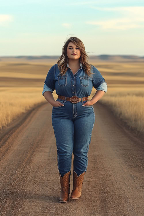 Plus-size woman in a casual denim romper with rolled-up sleeves, cinched at the waist with a western belt