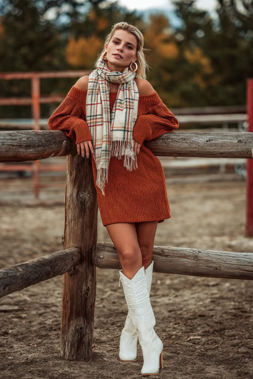A woman in a rust-orange sweater dress styled with hoop earrings, a plaid scarf, and white boots