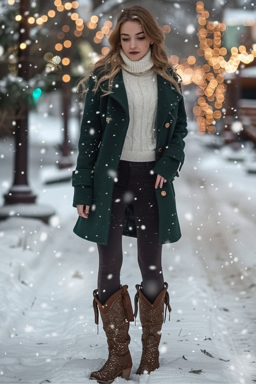 a woman wears cowboy boots with long blazer, white sweater and leggings in winter