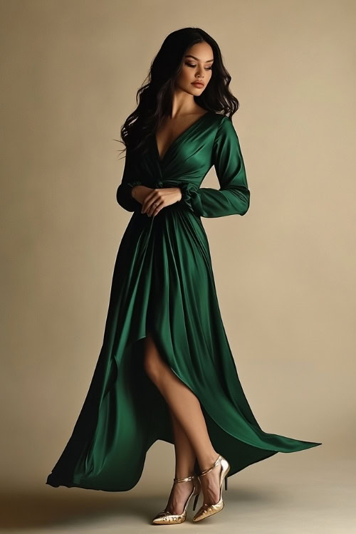 A woman in a rich emerald green gown with long sleeves and subtle ruching at the waist, paired with gold heels