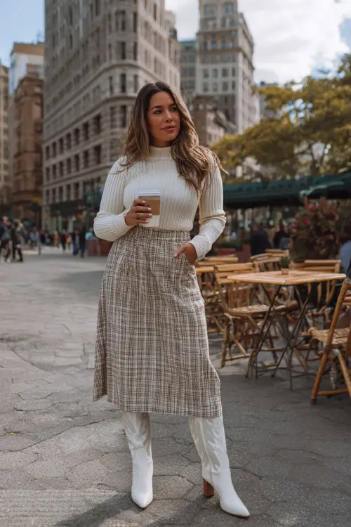 A curvy woman wears white cowboy boots with a ribbed knit turtleneck sweater and a plaid midi skirt