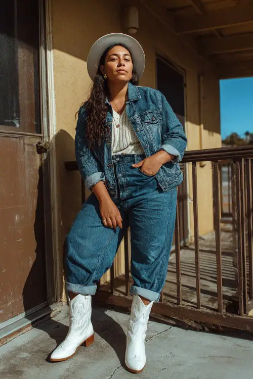 A curvy woman wears cuffed boyfriend jeans, a knit henley shirt layered under a denim jacket, and white cowboy boots